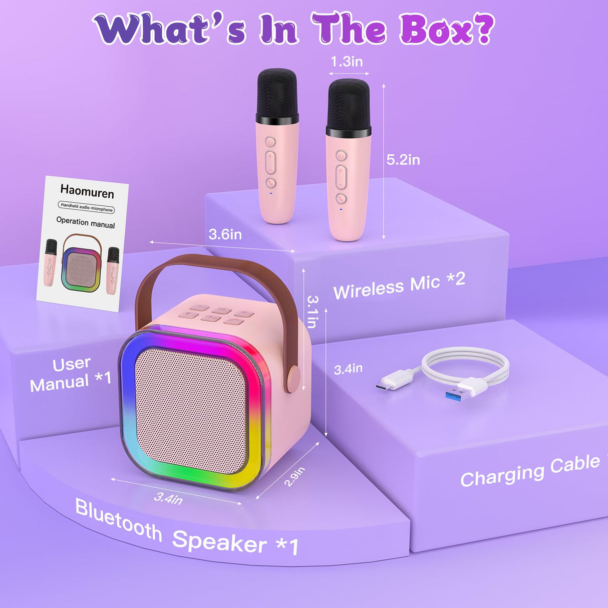 Mini Karaoke Machine for Kids, Haomuren Protable Bluetooth Speaker with 2 Wireless Microphone and LED Color Lights, Christmas Birthday Gifts Toys for Girls Boys Friends Age 3-12+ Years Old (Pink)