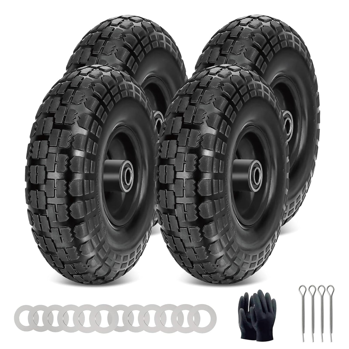 10 Inch Solid Dolly Tire Wheels, 4.10/3.50-4, 5/8" Axle, 4 Packs, Black