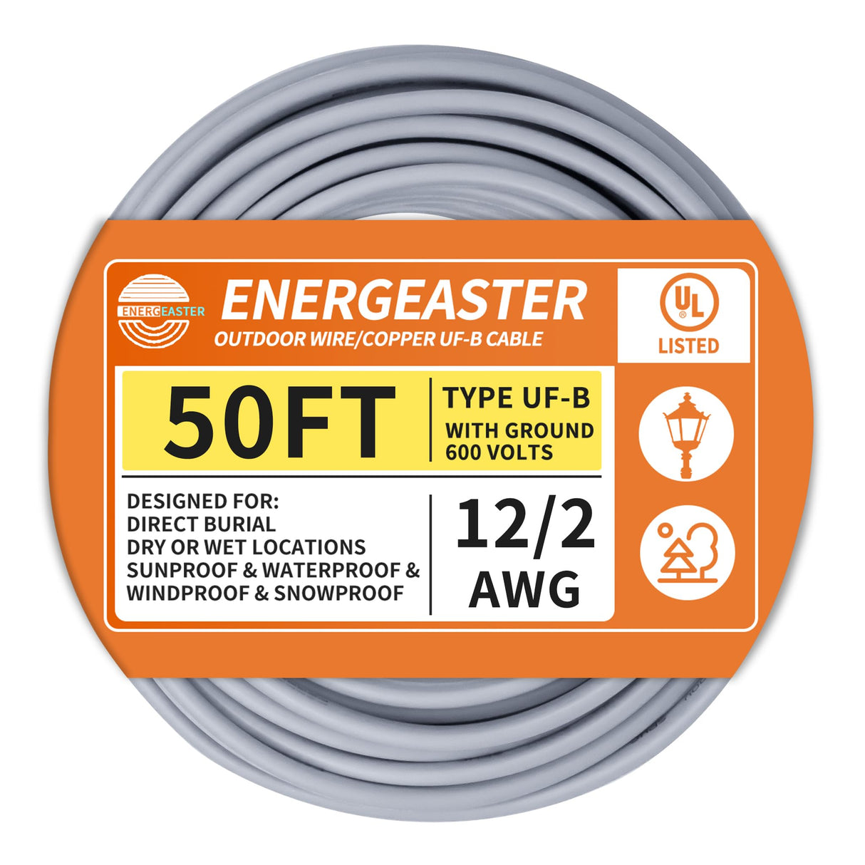 12/2 UF-B Wire 50 FT Pure Copper Direct Burial Cable, Sunlight & Moisture Resistant, Ideal for Outdoor Lighting & Pump Installations & Residential Indoor Electrical Projects