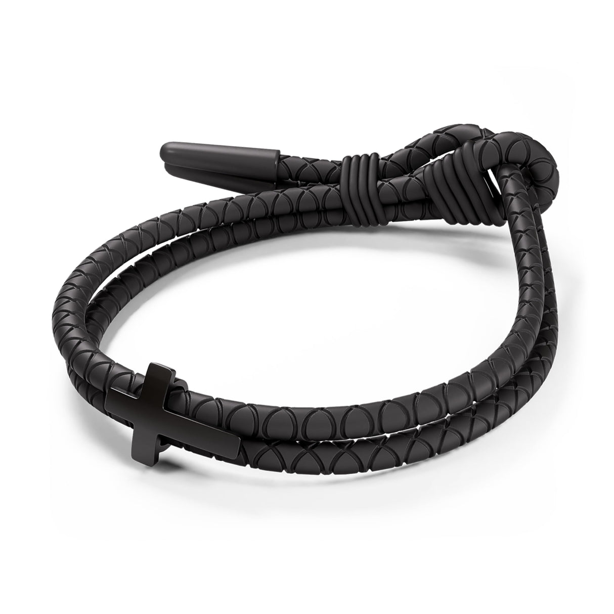 Rowdy Parrot FlexTech™ Adjustable Silicone Braided Rope Bracelet for Men - Waterproof, Sweatproof, One Size Fits All - Featuring Religious Christian Jesus Cross Design (Black Sand | Black Lagoon)