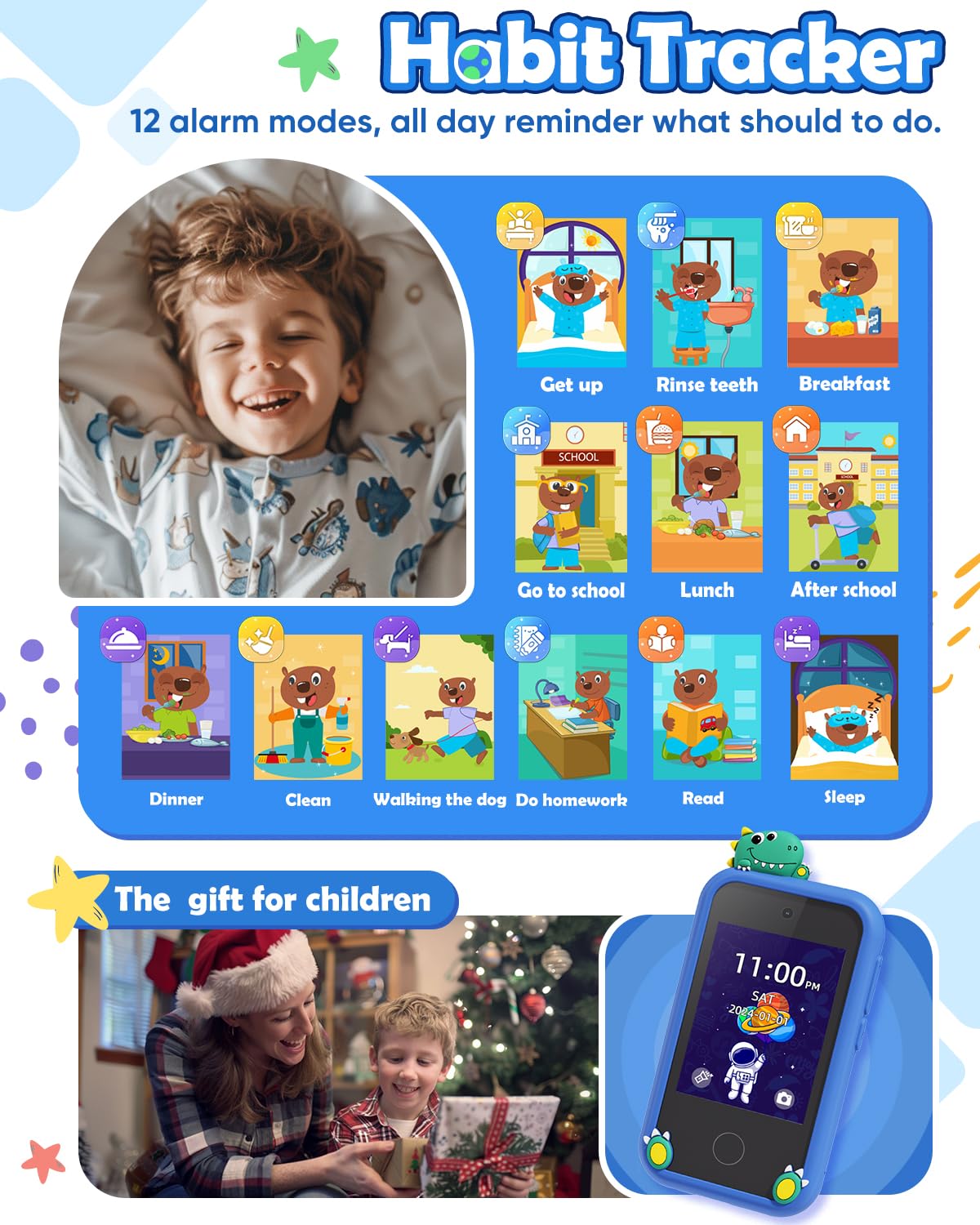 Sueseip Smart Phone for Kids Toys Age 4-6, Christmas Birthday Gifts Dinosaur Toddler Toys for Boys 5-7, Touchscreen Dual Camera Kids Cell Phone for Boys Age 8-10, with Games,SD Card,Screen Protector