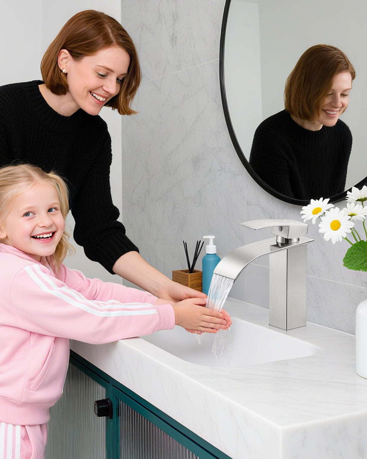 LUFG Bathroom Faucets Brushed Nickel Waterfall Bathroom Sink Faucet Modern Single Handle Bathroom Faucet for 1 or 3 Hole Mxier Tap Washbasin Faucet with Deck, Pop-up Drain and Supply Hoses