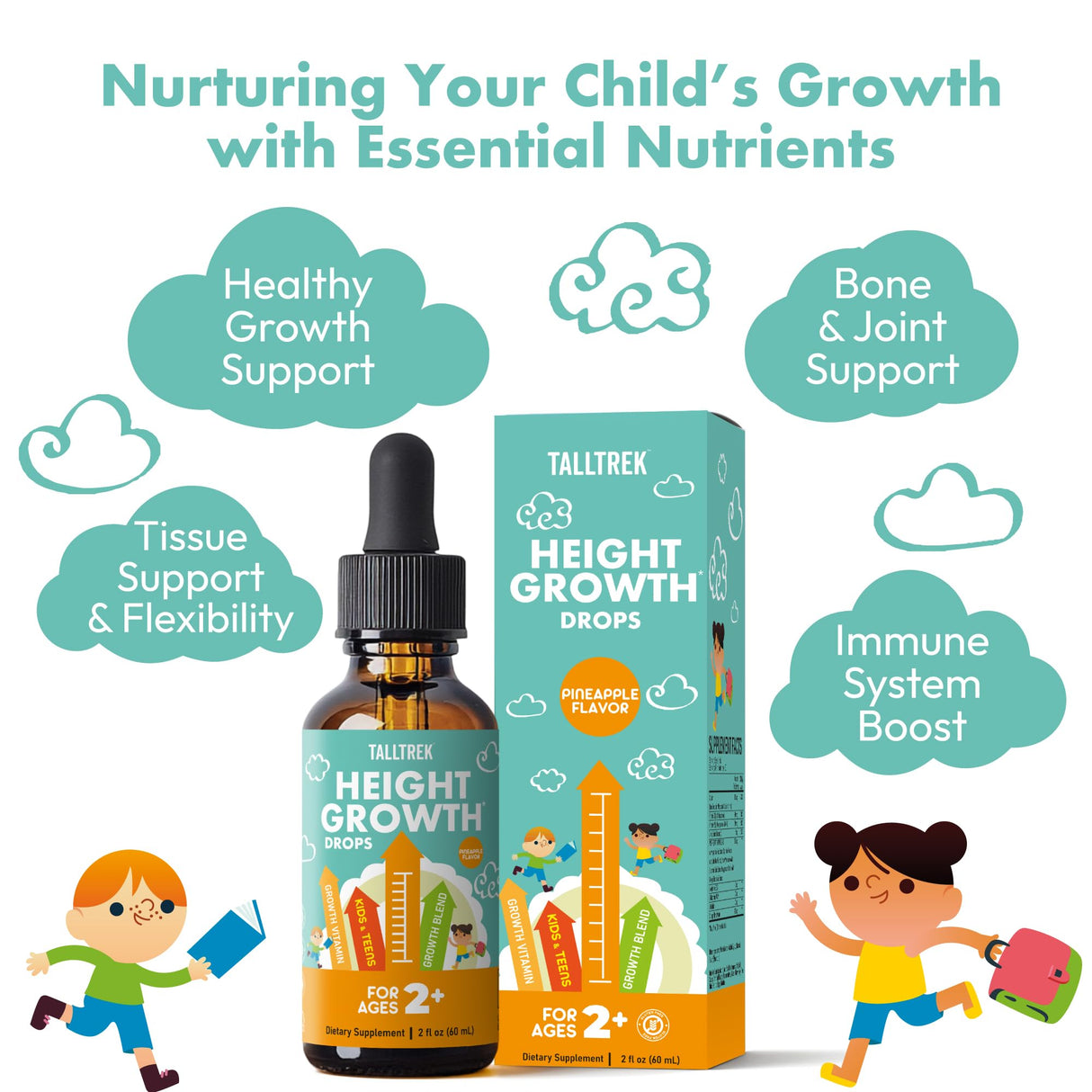 TallTrek Height Growth Supplement Drops for Kids - Teens Bone Growth Height Increase and Maximizer Immune Health Drops with Vitamins D3 K2 Zinc & Calcium - Gluten Free Vegan Pineapple Flavor