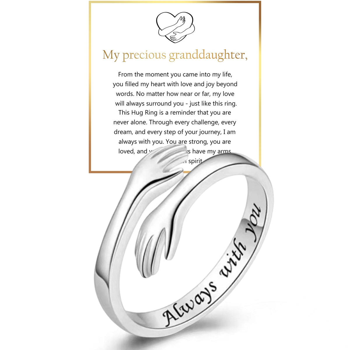 Yuanyora S925 Sterling Silver Hug Ring for Granddaughter Adjustable Ring for Women Christmas Birthday Gifts for Daughters Tarnish Free Jewelry Gift for Her Hope Rings for Granddaughter
