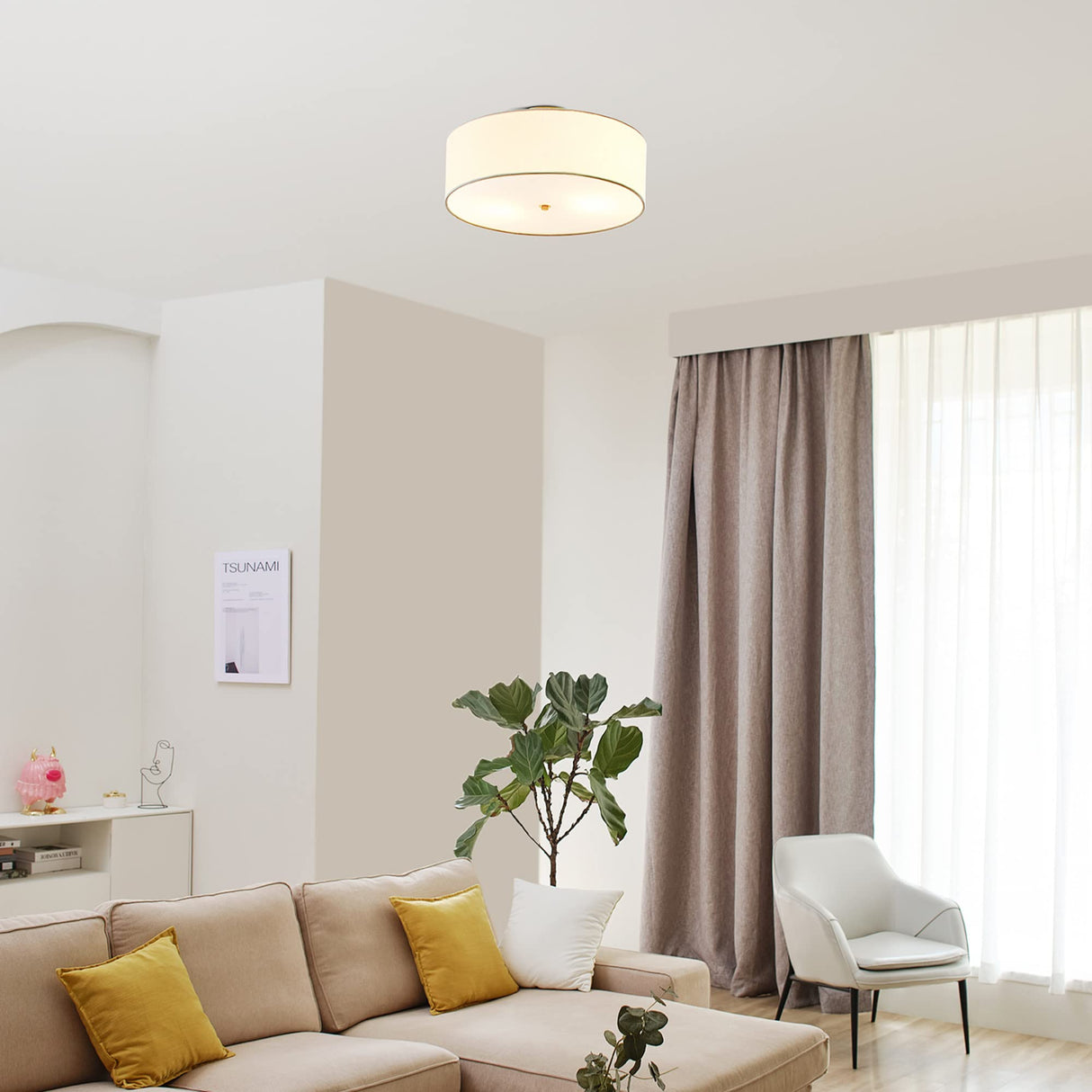 Globe Electric 2-Light Flush Mount Ceiling Light, Matte Brass Finish, White Linen Shade, E26 Base, Dimmable, Minimalist Home Lighting, 60998