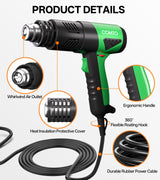 COMTO Heat Gun 1800W Fast Heating 122℉-1202℉ Heavy Duty Hot Air Gun Variable Temperature Control Overheat Protection 2 Speed Air Flow with 4 Nozzles for Crafts, Shrinking Tubing, Vinyl Wrap (SG-1004)