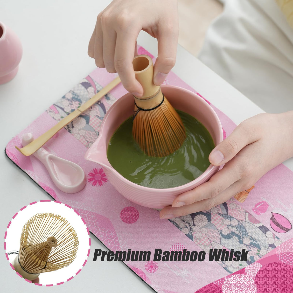 Clay&Fire Matcha Whisk Set, Ceramic Matcha Set, Matcha Bowl with Spout and Whisk, 8 pcs Matcha Tea Kit for Matcha Lovers, Ideal Gift Christmas, Birthday (Pink)