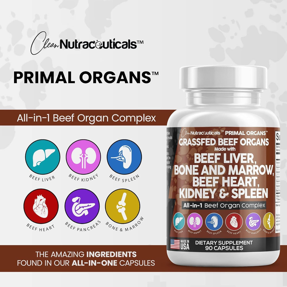 Clean Nutraceuticals Grass Fed Beef Liver Capsules - Premium Quality Supplement Packed with Desiccated, Beef Heart, Beef Spleen, Beef Pancreas Plus Bone & Marrow Dao Enzyme Pills