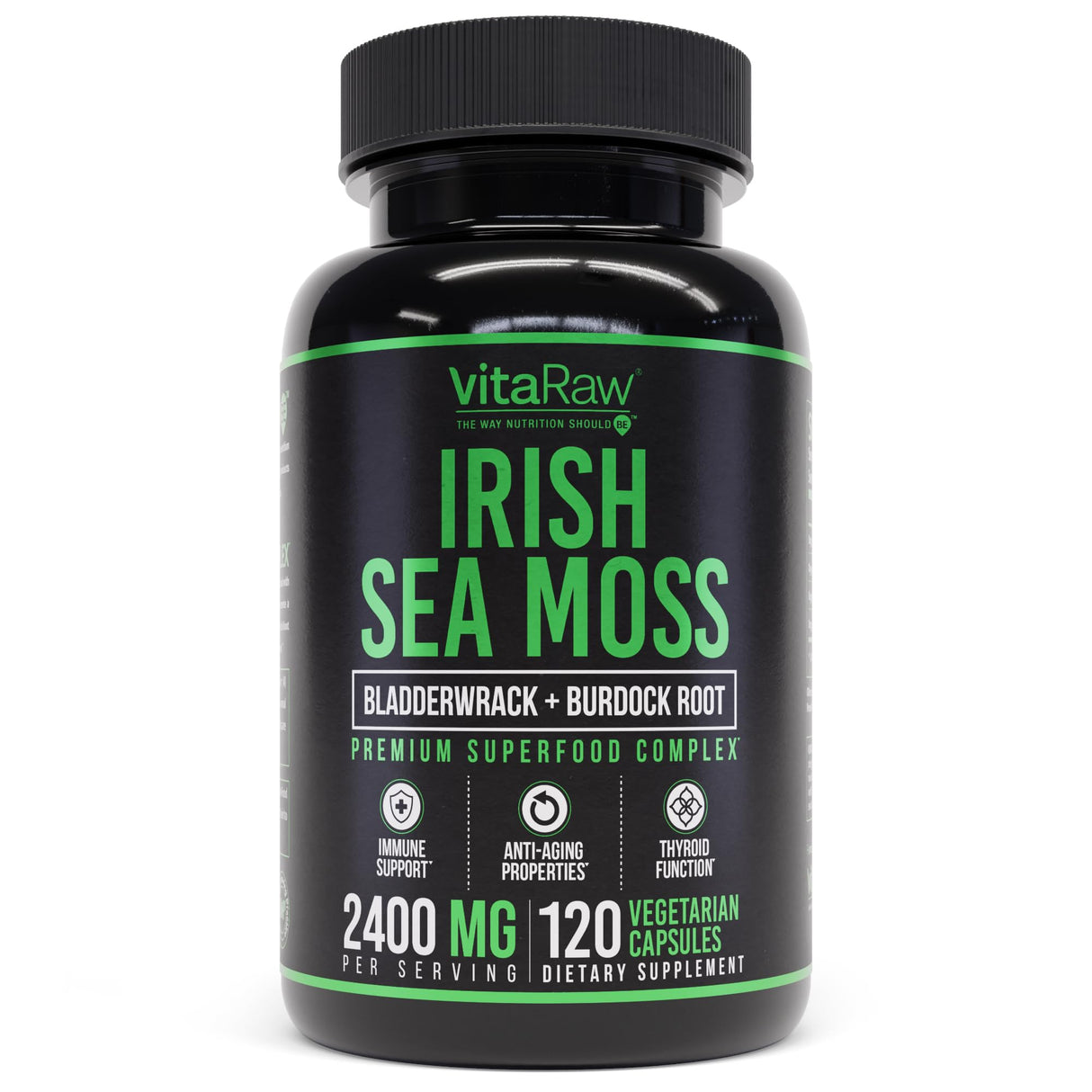 VitaRaw Organic Irish Sea Moss Capsules 2400 mg - Burdock Root and Bladderwrack Powder Real Seamoss Pills for Immune Support, Joint and Gut Health Help - Raw Sea Moss Advanced Herbal Supplement