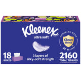 Kleenex Ultra Soft Facial Tissues, 18 Flat Boxes, 120 Tissues per Box, 3-Ply (2,160 Total), Packaging May Vary