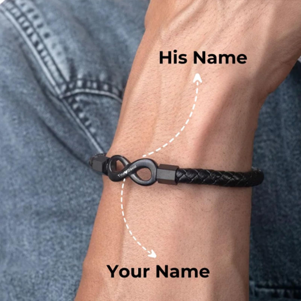 ziella To My Man,Personalized Dual Name Infinity Leather Bracelet,Personalized Custom Name Stainless Steel Bracelet Valentine Birthday Gifts for Him (L (Large), 9-inch)