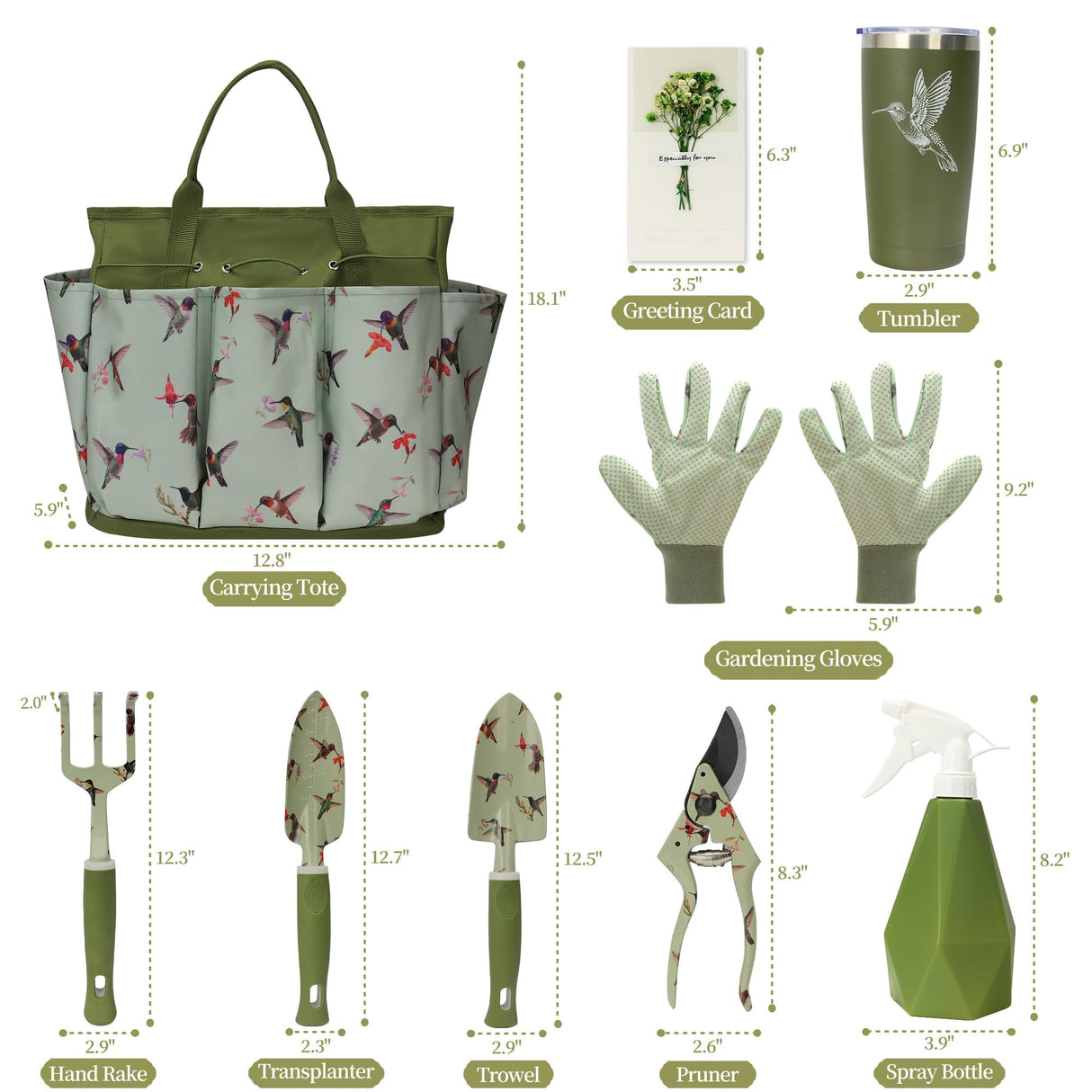 Garden Tool Set with Hummingbird Print, Heavy Duty Gardening Hand Tools with Garden Tool Bag,Gardening Gifts for Women&Men,Green