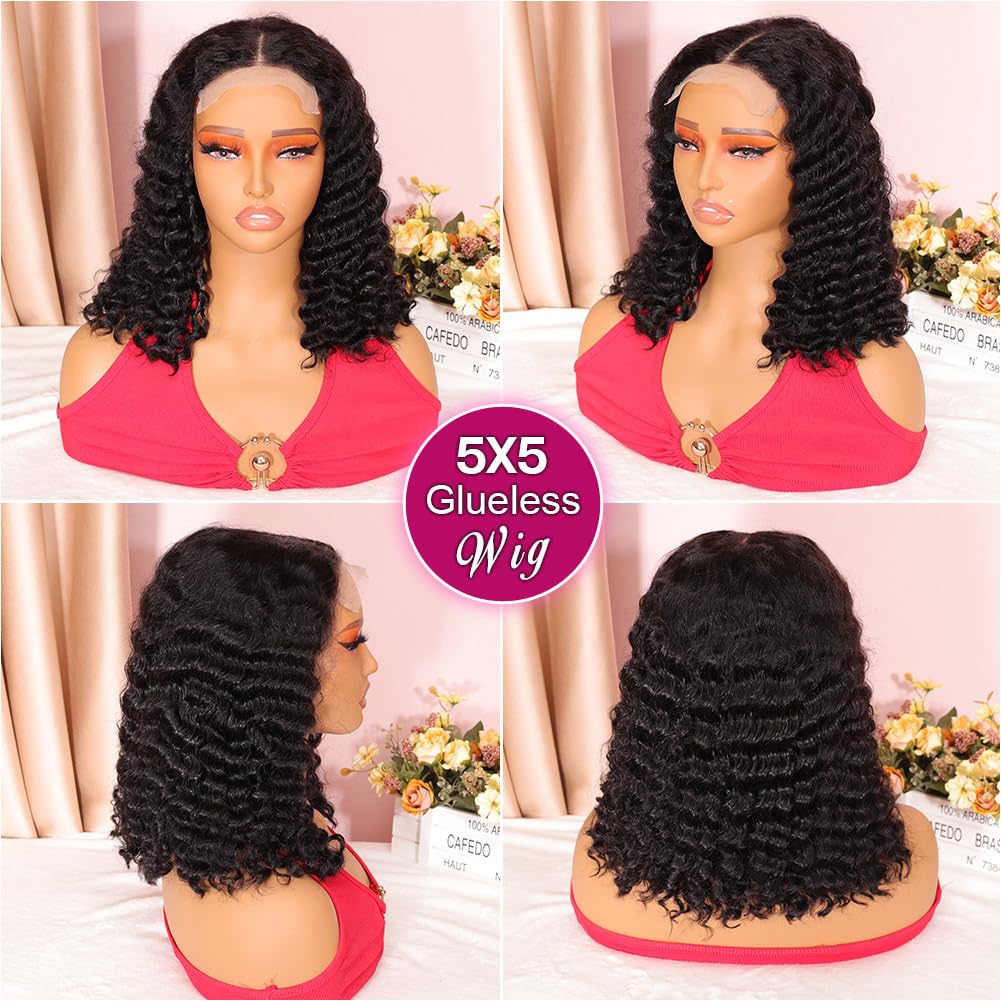 Ailwelia Deep Wave Bob Wig Human Hair 200% Density 5x5 Hd Lace Closure Wigs Human Hair Bob Wigs For Black Women Wear And Go Glueless Curly Bob Wig Deep Wave Wig 14 Inch