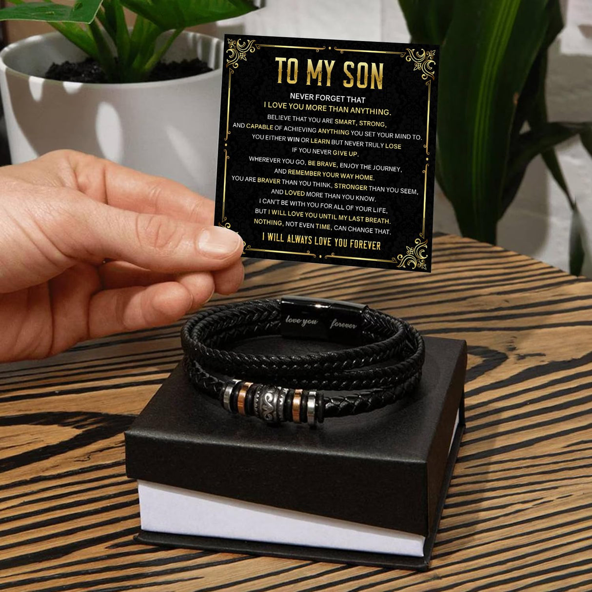 Mapileng To My Son Bracelet – Love You Forever Braided Leather Bracelet from Father and Mother, Meaningful Men’s Gift with Heartfelt Message & Elegant Box for Birthday, Graduation, Christmas
