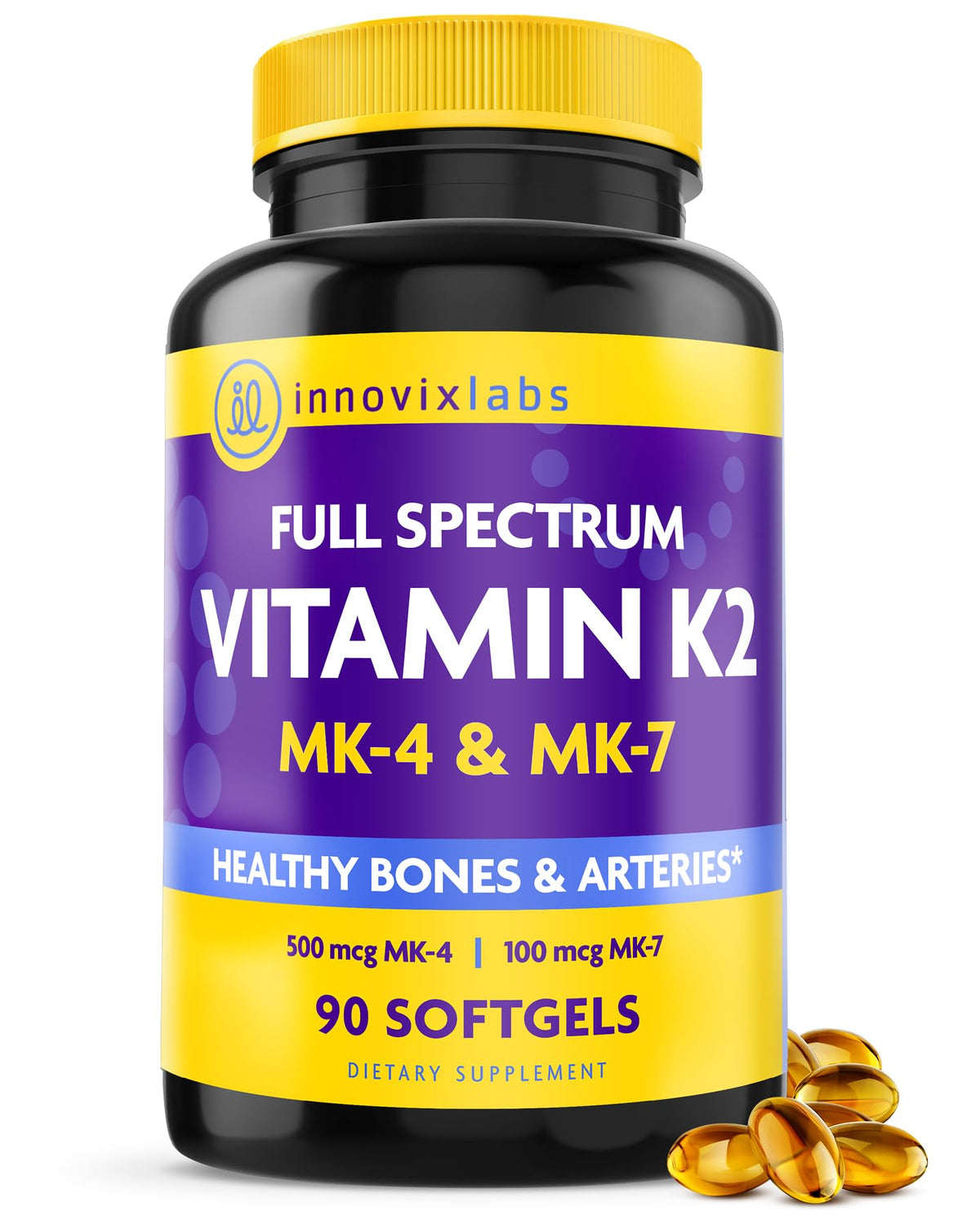 InnovixLabs Full Spectrum Vitamin K2 MK7 + MK4, 600 mcg (90 Softgels)