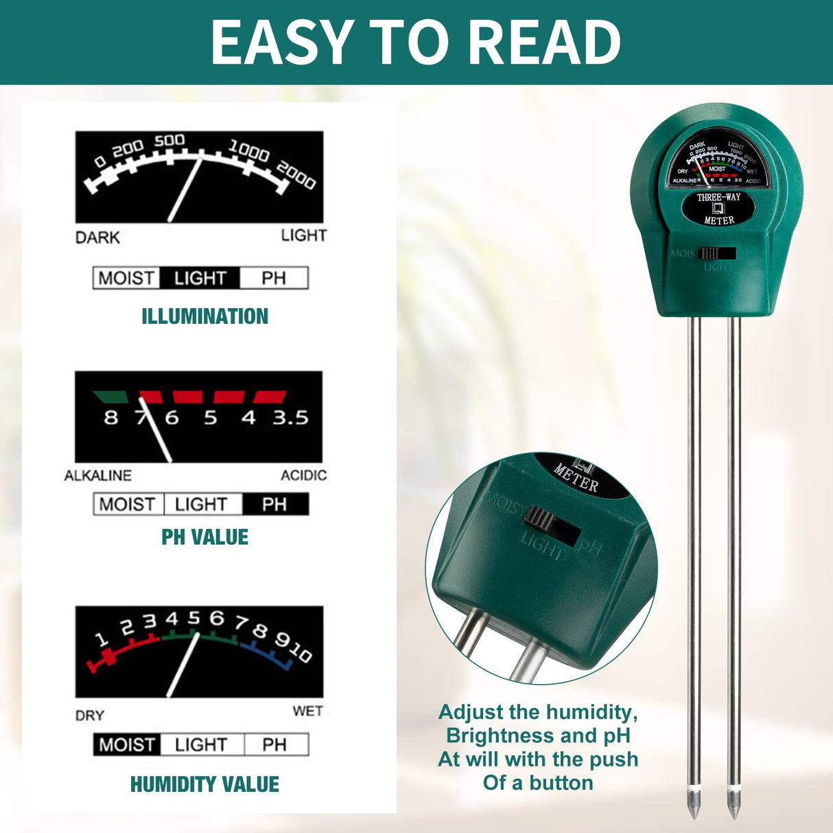 4 Pieces Plant Moisture Meter 3 in 1 Soil Moisture Meter for House Plants PH Tester Moisture Monitor for Gardening Indoor Outdoor Lawn Patio Farm Plants Care, No Battery Required (Green)