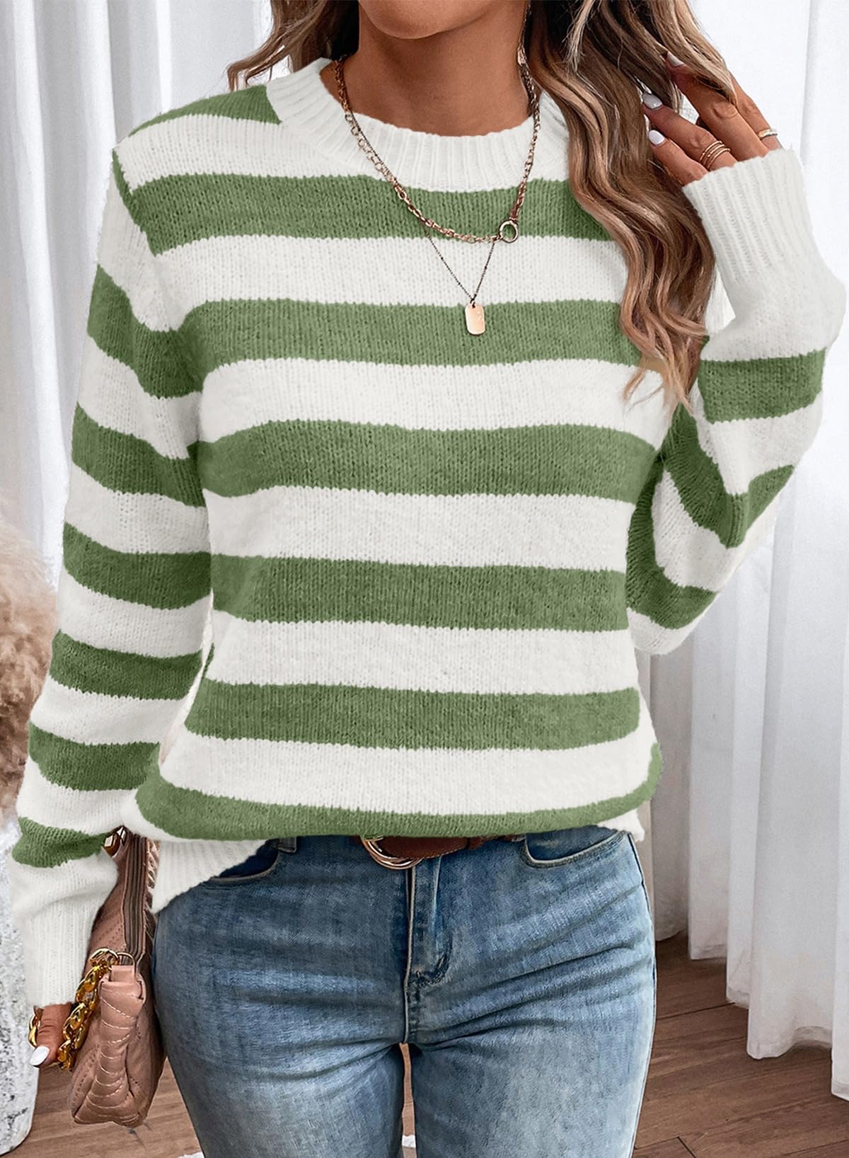 Dokotoo Womens Plus Size Sweaters Wool Crew Neck Striped Color Block Comfy Ribbed Knit Top Cute Christmas Casual Loose Chunky Long Pullover Sweater Oversized Jumper Tops Green XX-Large