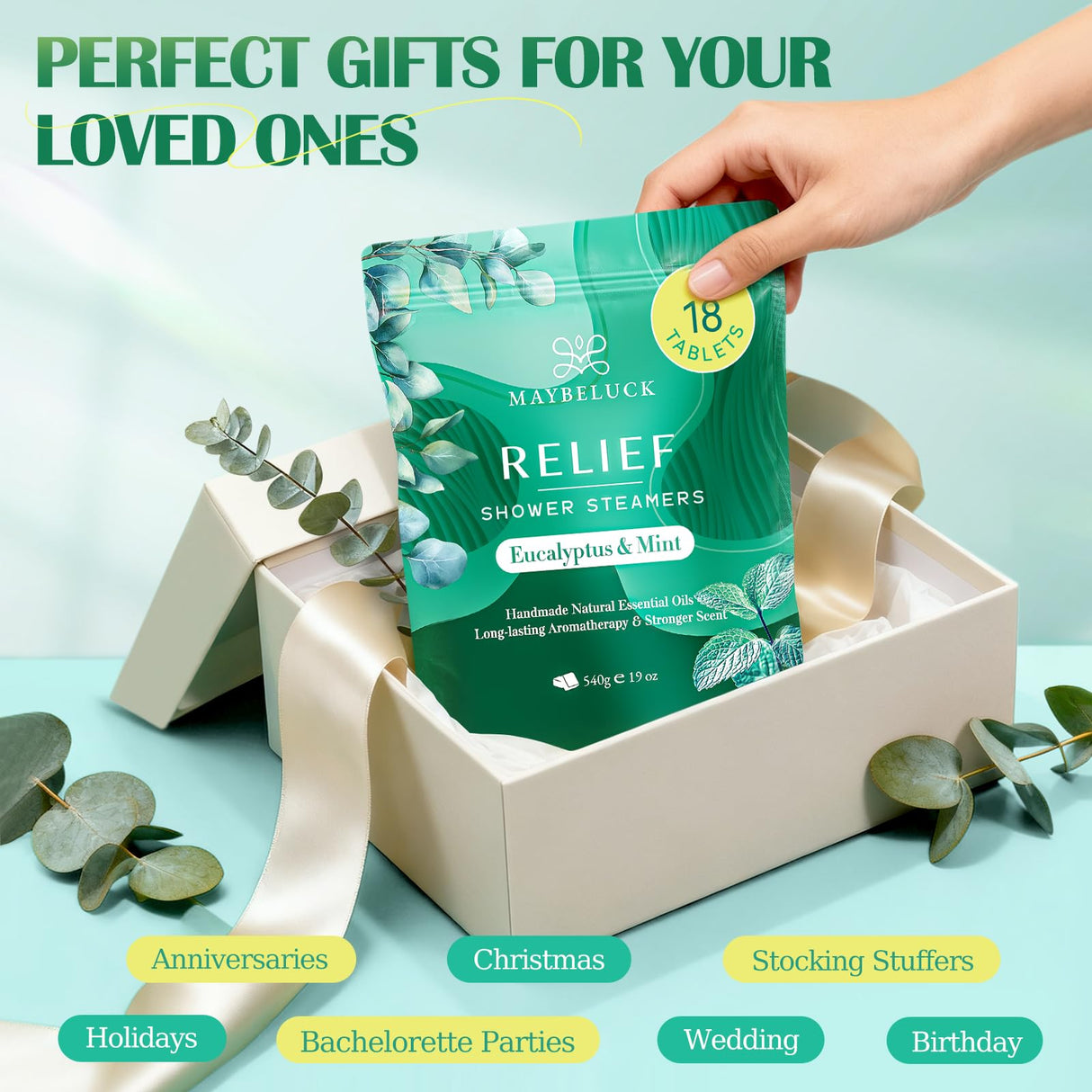 Eucalyptus Mint Shower Steamers Aromatherapy 18 Pack - Includes Easy Opener, Eucalyptus for Shower, Stocking Stuffers, Christmas Gifts & Birthday Gifts for Women, White Elephant Gifts for Adults