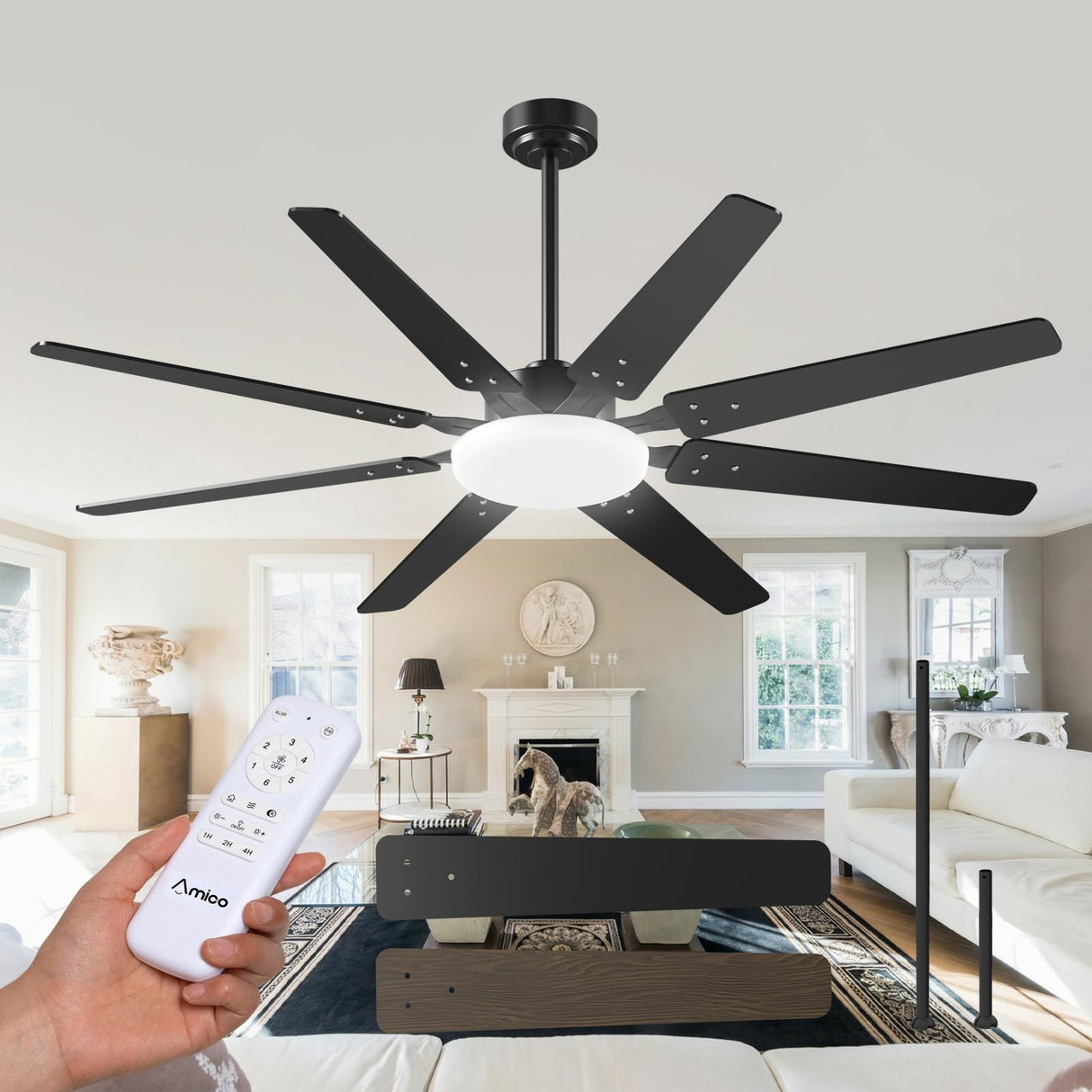 Amico 100 Inch 8 Aluminum Blades Ceiling Fans with Lights, Indoor/Outdoor Black Ceiling Fan with Remote Control, Reversible DC Motor, 3CCT, Dimmable,Ceiling Fan for Bedroom, Patio,Living Room