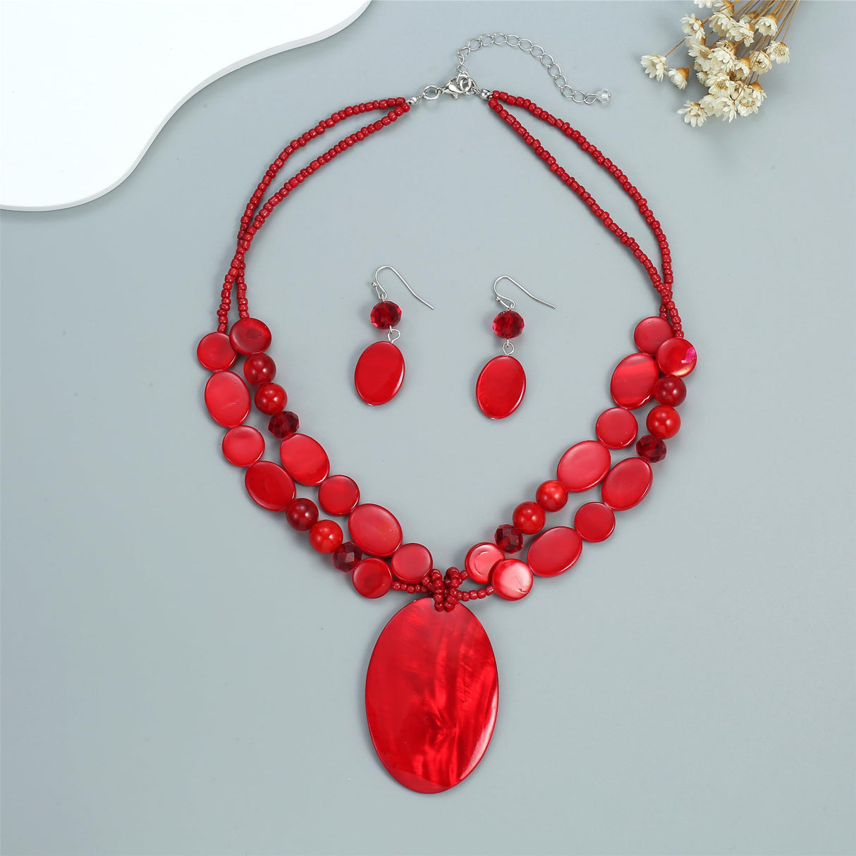 Rosslyons Big Oval Gemotric Pendant Necklace for women Double Strand Colorful Beads Statement Necklace and Earrings Set Fashion Jewelry Gifts (Red)