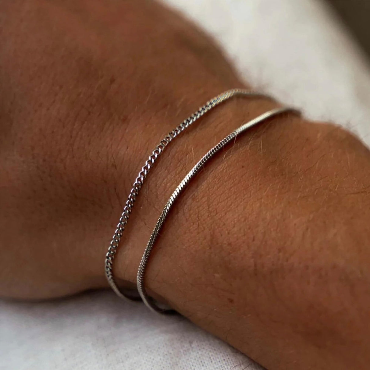 Silver Bracelets for Men, Stackable Fashion Cuban Snake Chain Set, 7 Inch