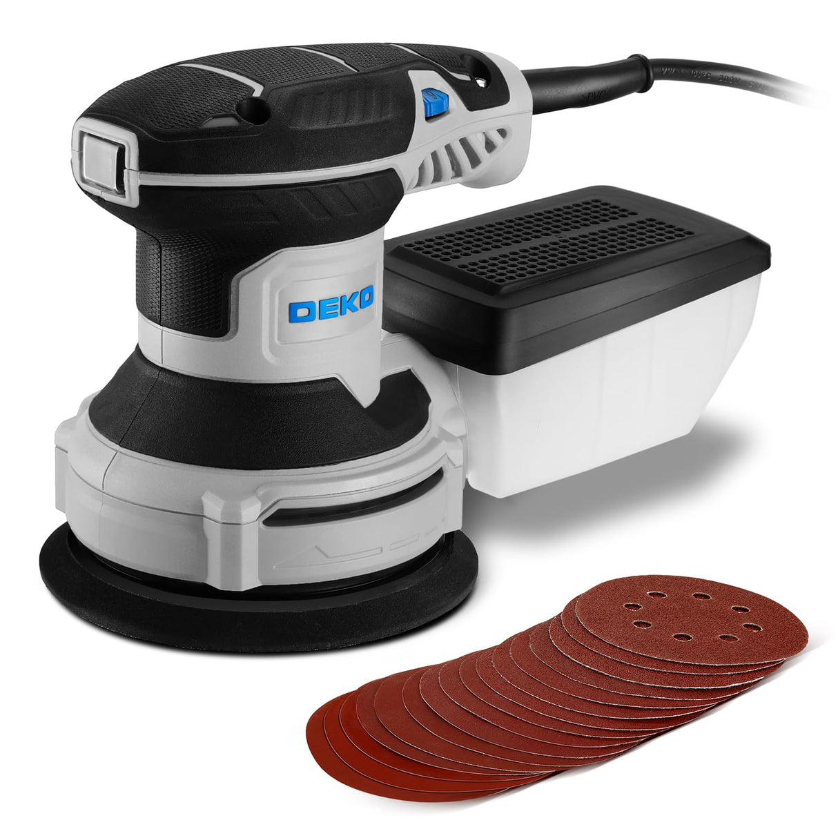 Orbital Sander Corded Hand Sander: DEKOPRO 5" Random Orbital Sander with Dust Box, 6 Various Speeds Electric Palm Sander with Dust Box, 16Pcs Sandpapers for Woodworking & Sanding (Blue)