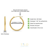 14k Yellow Gold Classic Shiny Polished Round Hoop Earrings, 2mm Tube 13mm