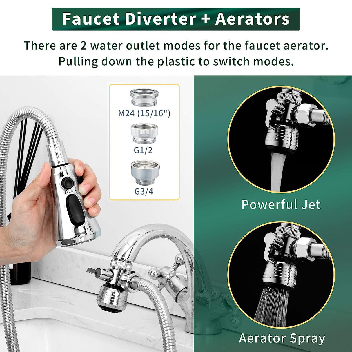 CECEFIN Kitchen Faucet Hose Attachment, Sink Sprayer Replacement Head with 4.9 Ft Stainless Steel Hose, Water Saving Aerator with 3-Way Diverter Valve for Hair Washing Laundry Room and Pet Shower