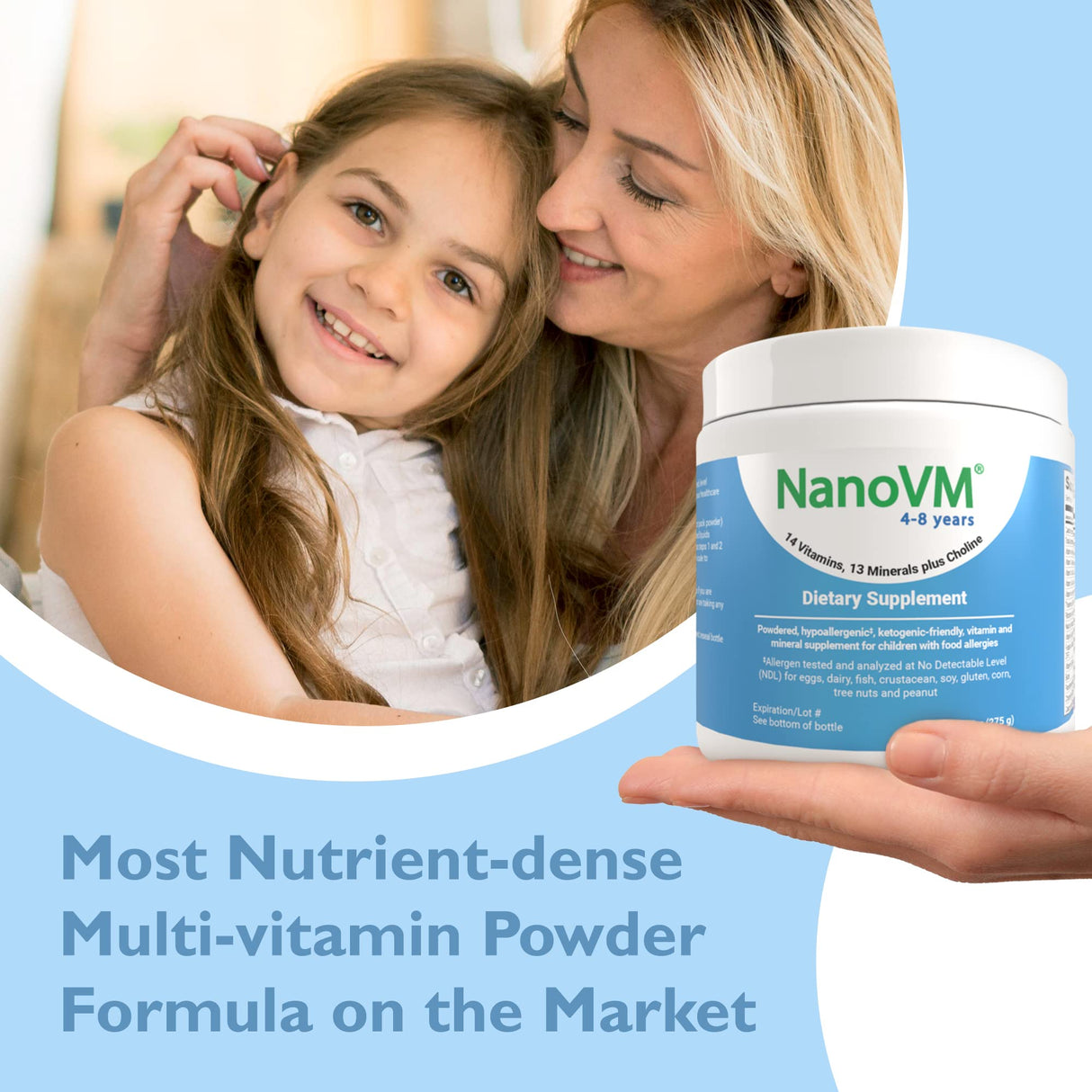 NanoVM 4-8 Years, Allergen-Free Kids Multivitamin, Unflavored Powdered Vitamins, Multivitamin Powder with 14 Vitamins & 13 Minerals, Low-Carbohydrate Vitamin Supplements, 275g - Solace Nutrition