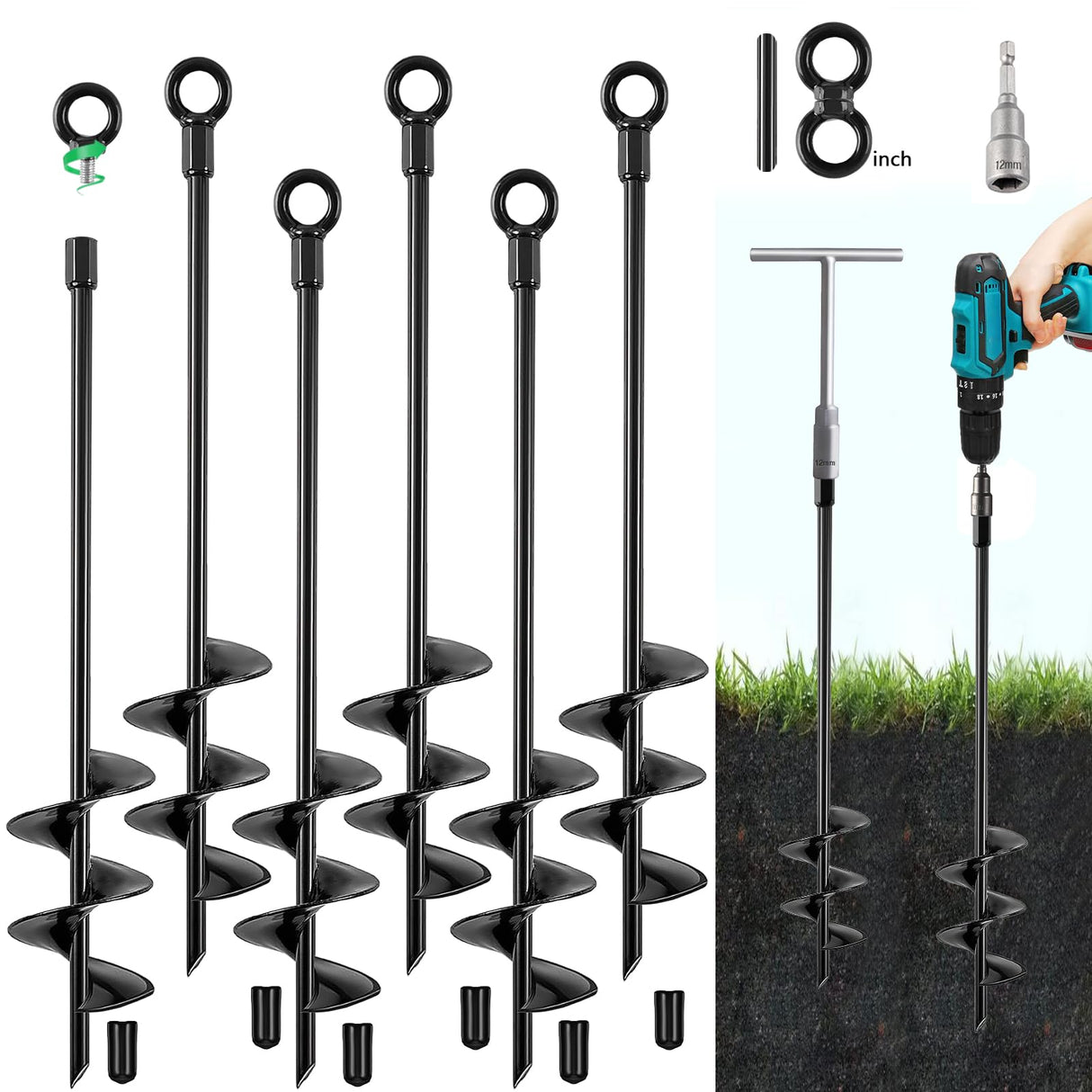 Fabulas Ground Anchors Screw in, 18 Inch Heavy Duty Swing Set Ground Anchor Kit 6 Pack, Spiral Earth Trampoline Stakes High Wind Metal Auger Stakes for Dog Sheds Tent Carports Camping
