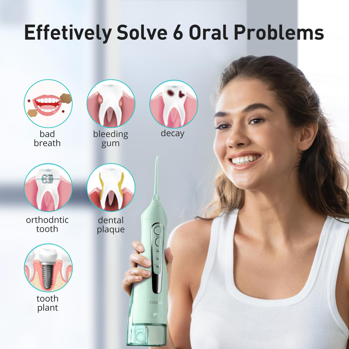 COSLUS Water Dental Flosser Teeth Pick: Portable Cordless Oral Irrigator 300ML Rechargeable Travel Irrigation Cleaner IPX7 Waterproof Electric Flossing Machine for Teeth Cleaning C20(F5020E) Green