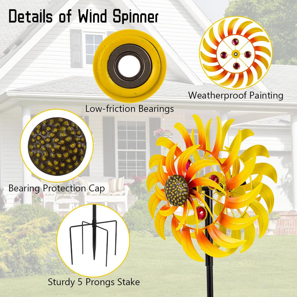 VEWOSTAR Metal Sunflower Wind Spinner Outdoor,13Inch Large Double Windmill Pinwheels with Stake,Kinetic Wind Sculpture Outdoor for Yard, Garden, Lawn Decorations