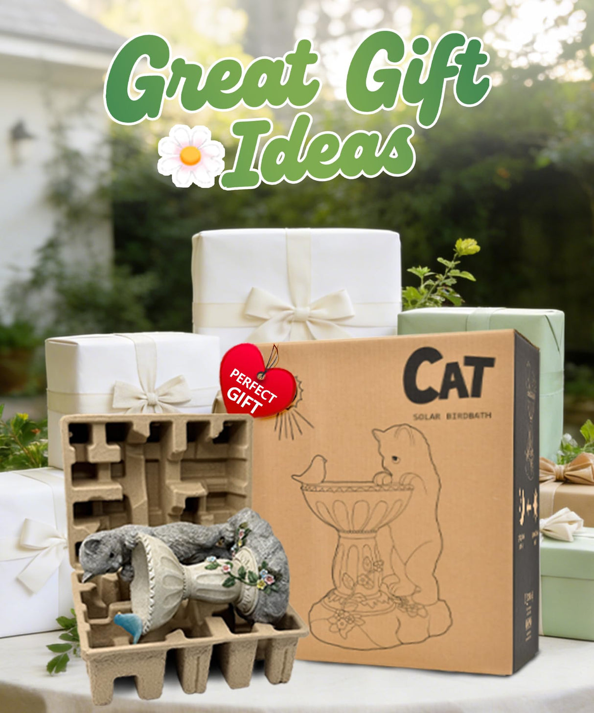 Nacome Solar Cat Statue for Garden Decor: IP44 Weatherproof Resin with Automatic Lighting - No Installation- Outdoor Yard Patio Balcony Art - Birthday Gifts for Bird Lovers Mom Grandma Women