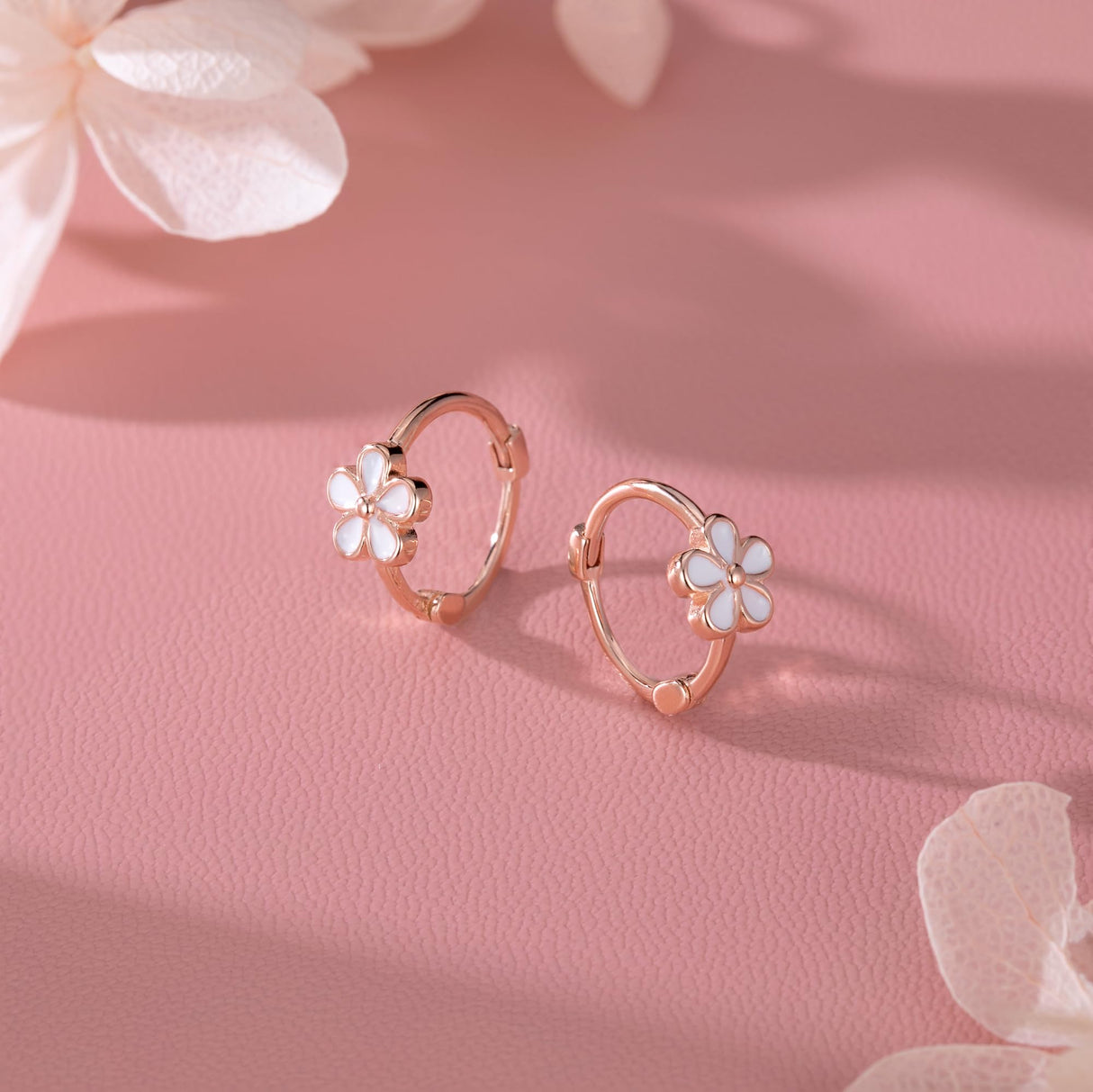 Reffeer Solid 925 Sterling Silver Flower Hoop Earrings Huggie for Women Teen Girls Daisy Hoop Earrings Cartilage Helix Earrings (C-Rose Gold)