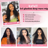 Ksfull Deep Wave Lace Front Human Hair Wigs for Black Women 5x5 Hd Lace Closure Wig Curly Human Hair Pre Cut Wear and Go Glueless Wet and Wavy Wigs Pre Plucked 180% Density Natural Color 22 inch