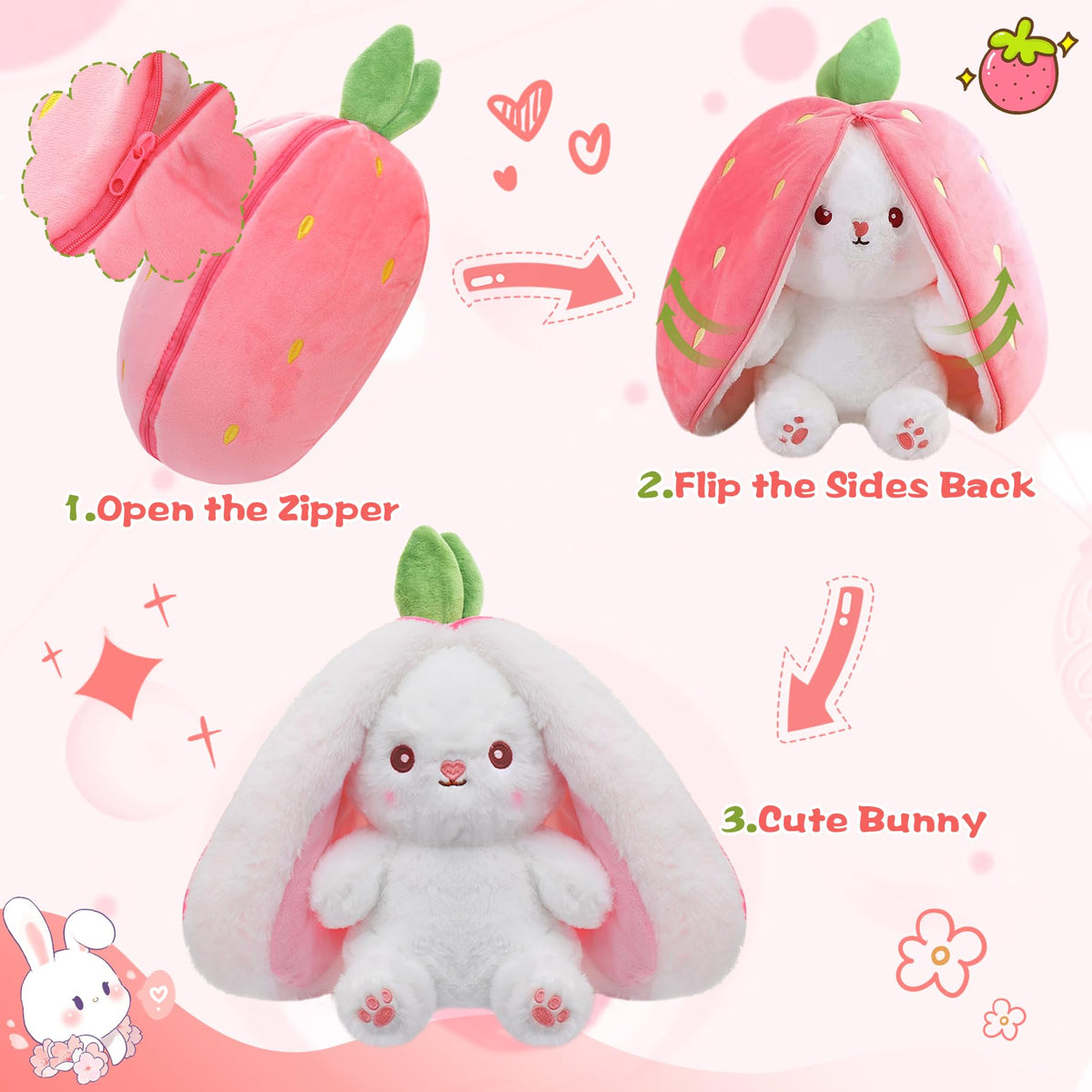MIAODAM Bunny Stuffed Animal for Girls, Cute Strawberry Rabbit Bunny Plush