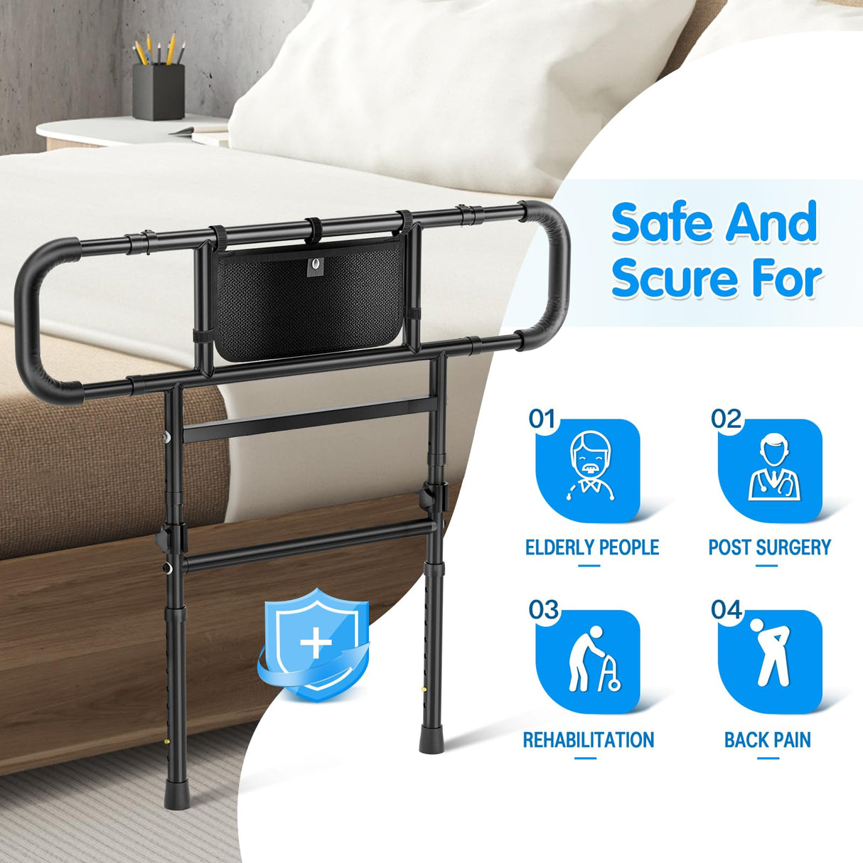 FORTEMOTUS Bed Rails for Elderly Adults Safety Foldable - Heavy Duty Bed Assist Rails for Senior, with Extendable Bed Guard Rails, Adjustable Heights, Storage Pocket& Safety Belt, can Withstand 450LB