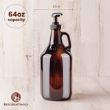 Large Amber Pump Bottle for Salons, Shampoo, Conditioner, Hair Serum, Gel - Half Gallon Glass Jug Pump Dispenser - 64 oz Capacity - Pack of 1- by Kitchentoolz