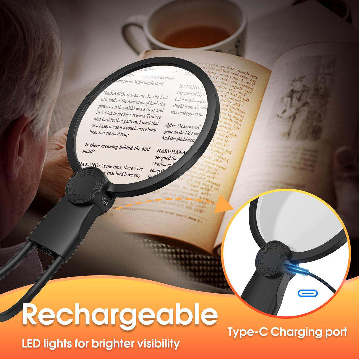 IMICHI Magnifier with Light Hands Free for Reading, 5.1 Inch 6X Magnifying Glass for Reading, Neck-Worn Large Magnifier for Seniors, Useful Gifts Perfect for Reading, Sewing, Cross-Stitching