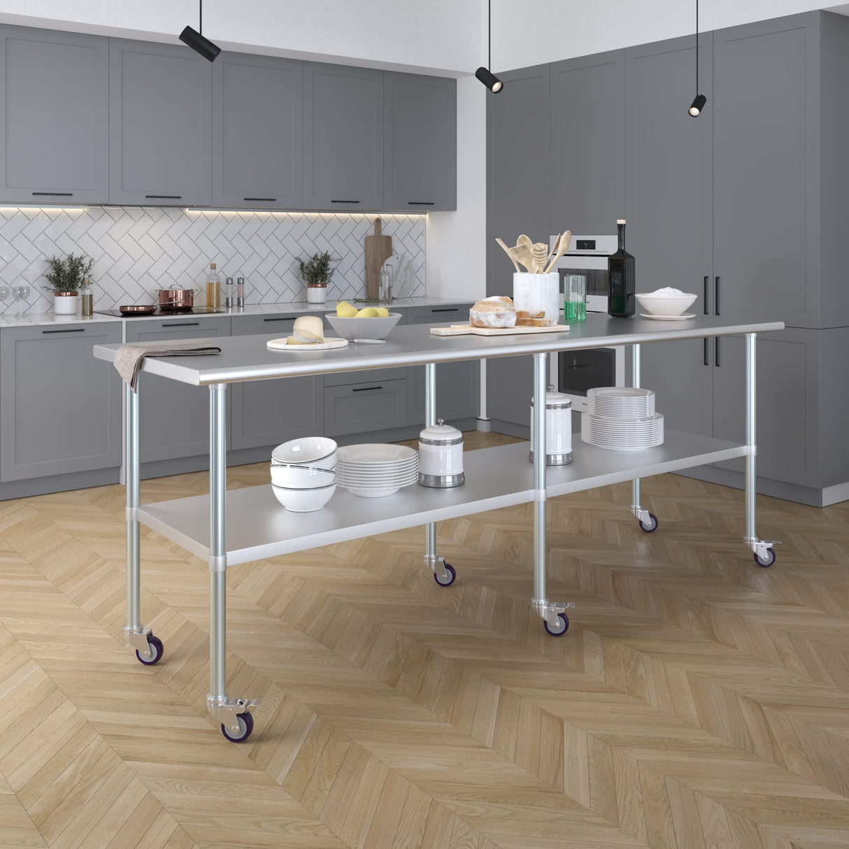 AmGood 30 in. x 96 in. Stainless Steel Work Table with Wheels | Metal Kitchen Food Prep Table | NSF