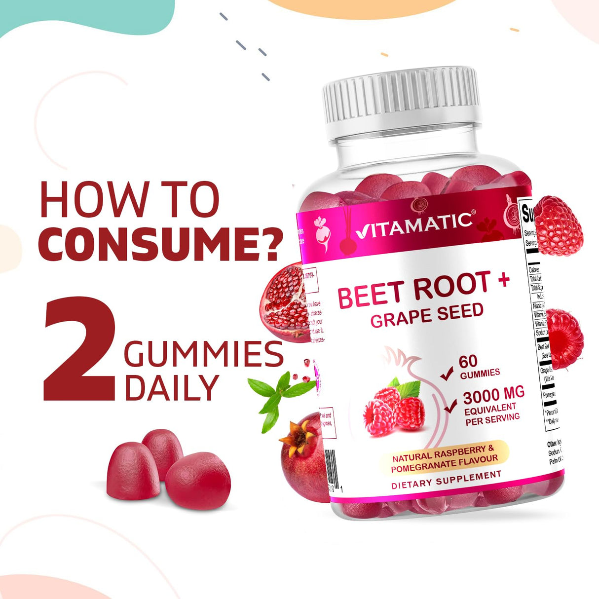 Vitamatic Beet Root Gummies - 3000mg Equivalent Per Serving - 60 Gummies - Made with Vitamin B6, B12, Grape Seed, Pomegranate & Nicotinamide (Pack of 2)