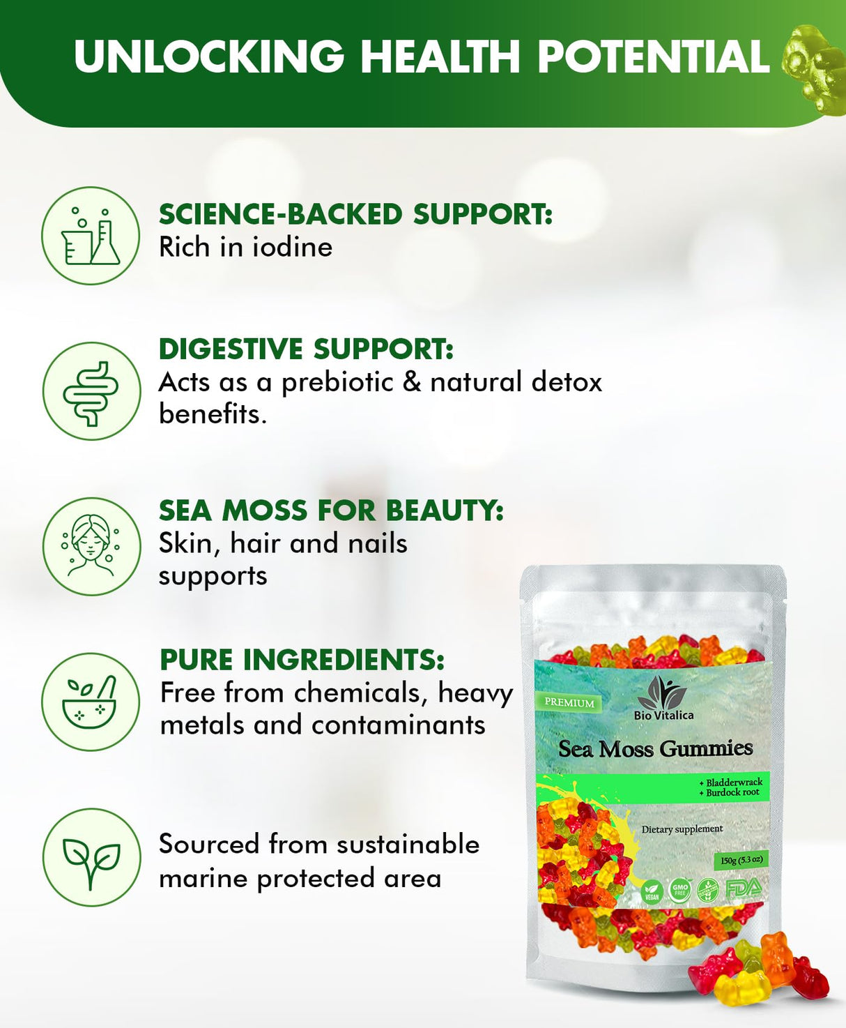 Sea Moss Gummies - Irish sea Moss raw Organic, Bladderwrack, Burdock Root. Contains Sea Moss Gel and Powder. Superfoods for Vegan, Keto and Dr Sebi Diet. Immune Boosting (1, Original)