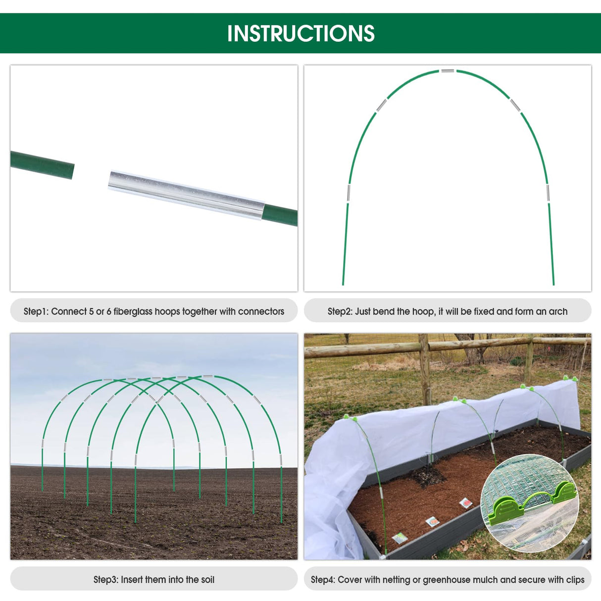 JCKHXG 72pcs Garden Hoops for Raised Bed, 12 Sets of 8FT Long Greenhouse Hoops Grow Tunnel, Rust-Free Fiberglass Support Hoops Frame for Netting, DIY Plant Support Garden Stakes for Row Cover