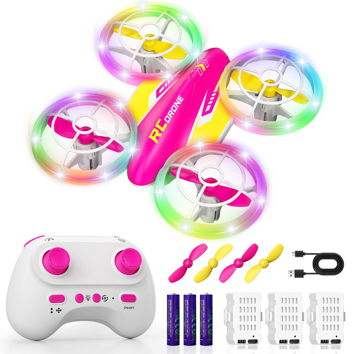 FUNPX LED RC Drone for Kids 6+, Christmas Birthday Gift for Boys & Girls with Remote Batteries, 360° Flips, 3 Speed Modes, 45 Min Flight Indoor and Outdoor Flying Toy - RoseRed Yellow