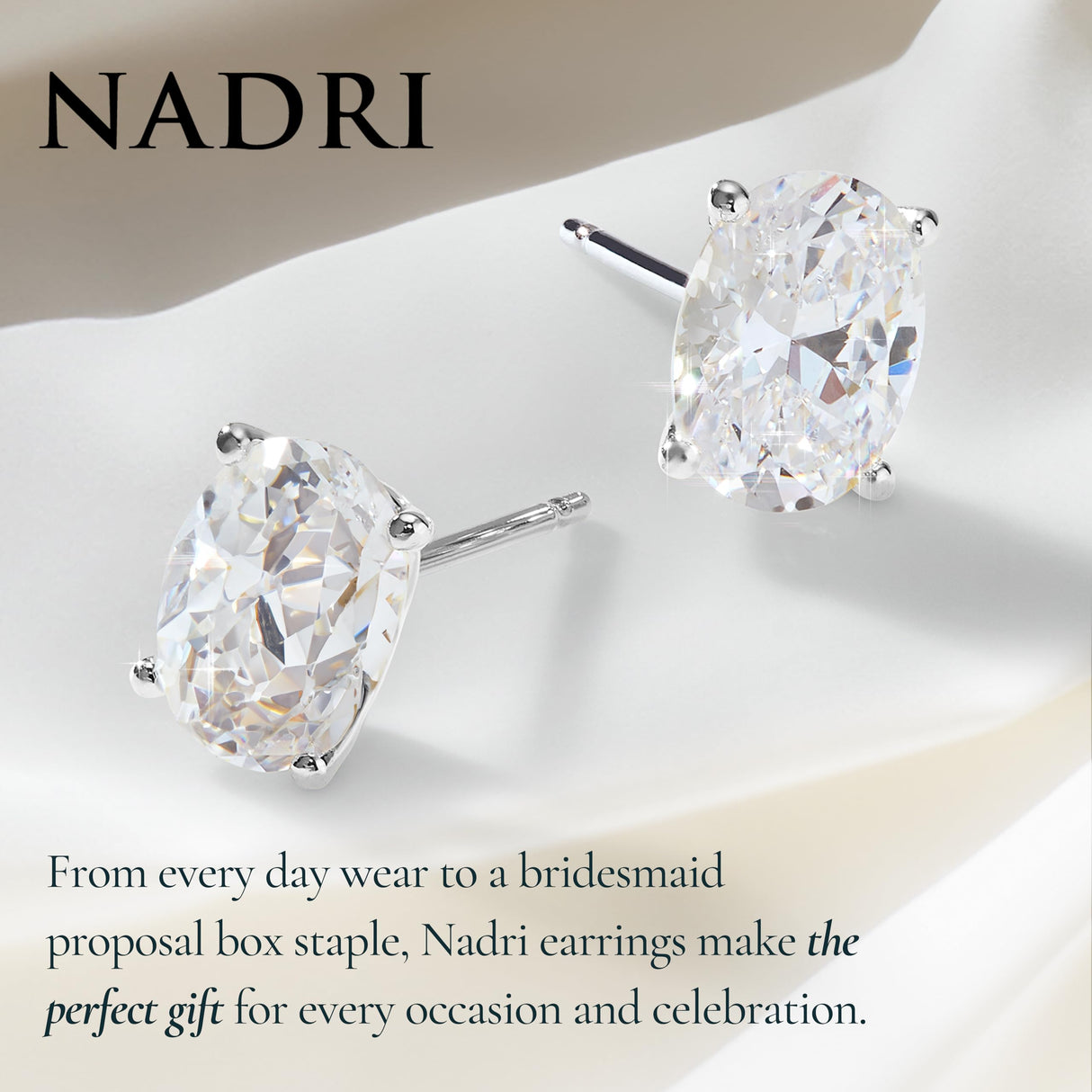 NADRI Oval CZ Stud Earrings, Rhodium Plated