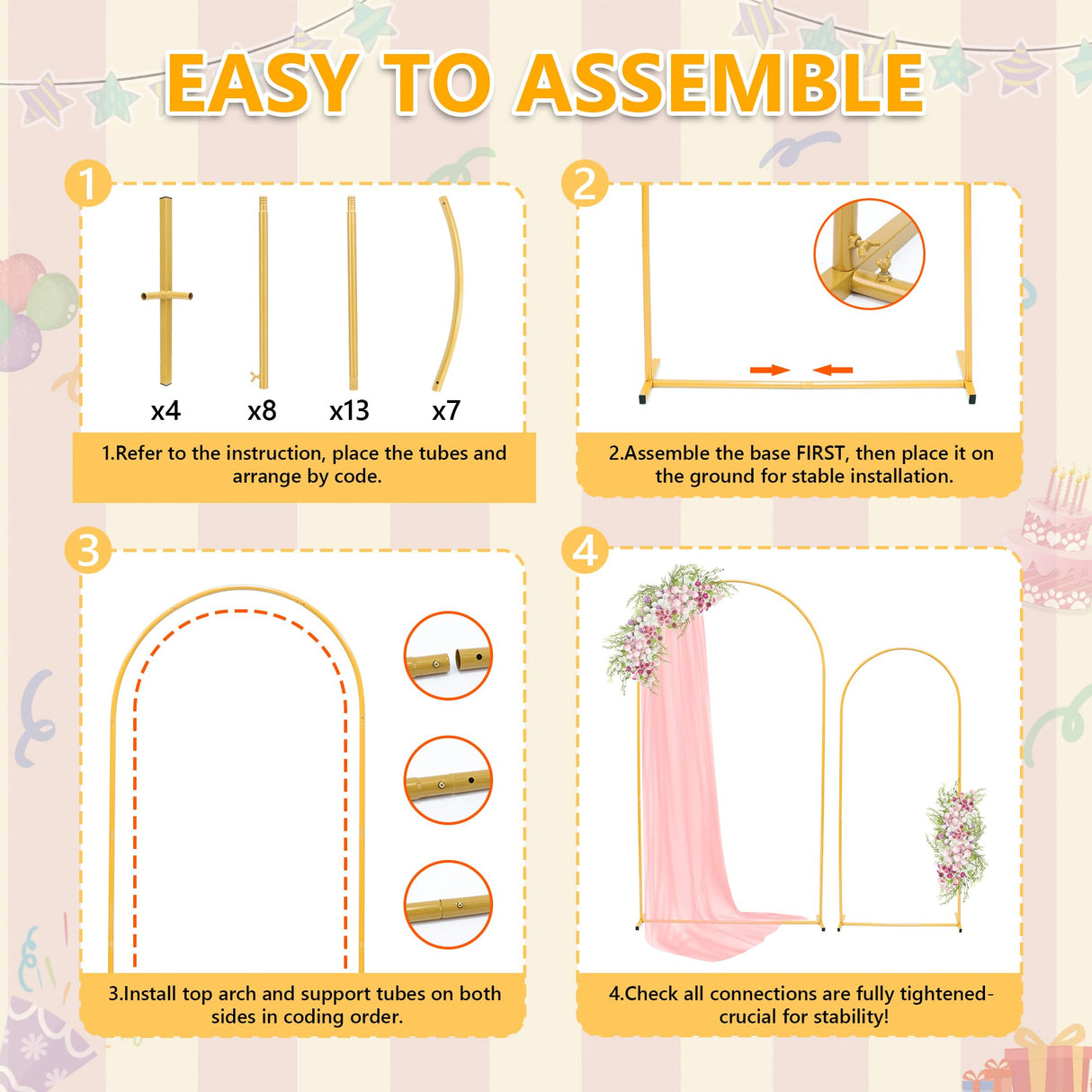 Toodour Arch Backdrop Stand 7.2FT, 6FT Set of 2 Gold Metal Wedding Balloon Arch Stand for Birthday Anniversary Graduation Ceremony Opening Ceremonies Christmas New Year Garden Decorations