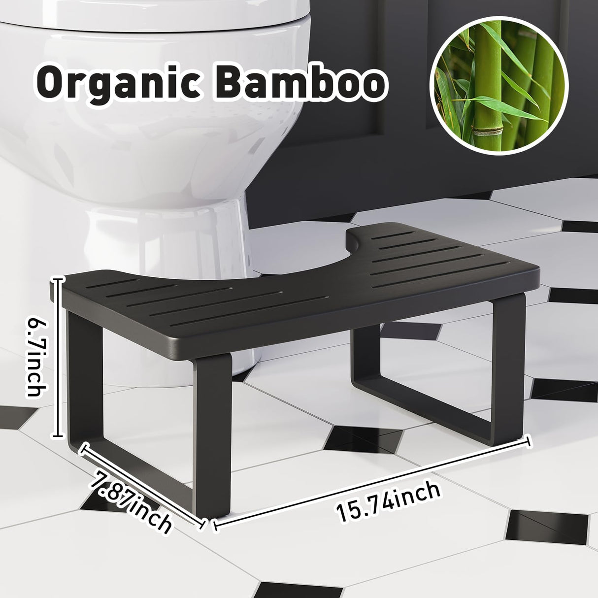 Squatting Potty for Adults, 7in Wooden Poop Stool Adult, Matte Black Bamboo Toilet Stool Squat, Wood Pooping Stool for Bathroom, Toilet Foot Step for Kids with Non-Slip Mat