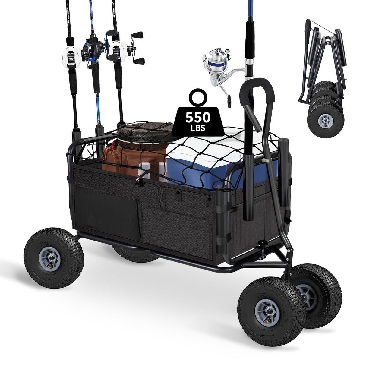 Polar Aurora Fishing Cart Beach Cart Collapsible Wagon w/11'' All-Terrain Wheels for Sand, Heavy Duty Garden Cart with Rod Holders,Umbrella Holder and Storage Pockets, 550lb Large Capacity