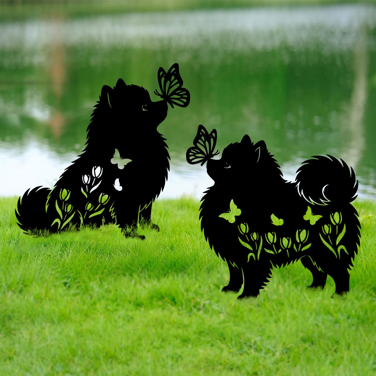 Pomeranian Metal Decorative Garden Stakes for Memorial Yard Art, Lawn Ornaments, Outdoor Decor 2 PCS