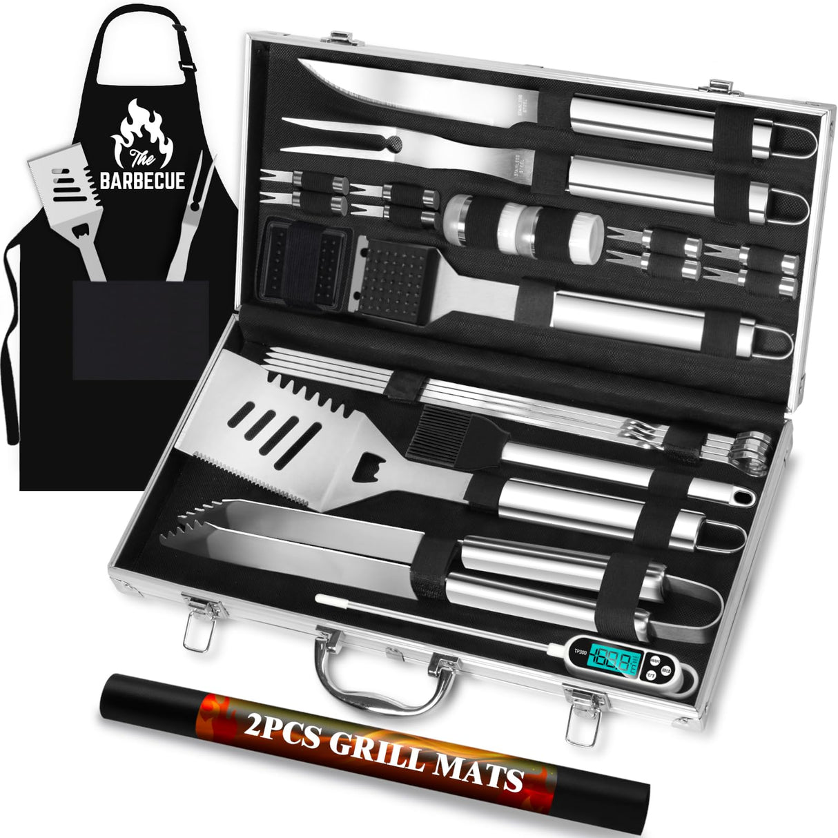 ROMANTICIST 26pcs Stainless Steel Grill Tool Set, Heavy Duty BBQ Grilling Accessories Gifts for Men Dad, Non-Slip Grill Utensils Kit with Apron, Thermometer, Mats in Aluminum Case for Christmas Silver
